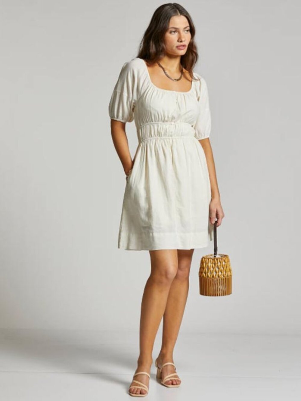 Weekend LA Bardot Mini Cream Dress with Button Detail - Women's Size Small